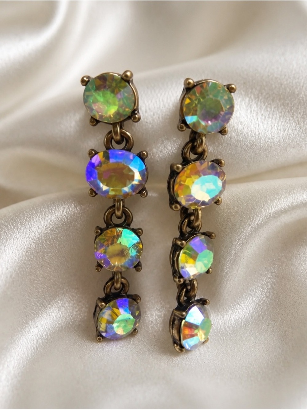 Iridescent AB Crystal
Drop Earrings in Antique Brass New!